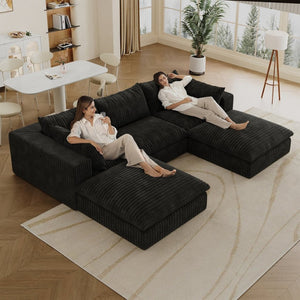 English Elm 118.2" Modular Cloud Sofa Corduroy Upholstered Deep Seat Lounge for Living Room Black W2824S00182