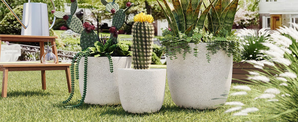 English Elm U_style Mgo Concrete Look Round Planters Set of 3 Lightweight Stackable Outdoor Pots White N711P406670A