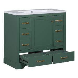 English Elm 36" Modern Bathroom Vanity with Ceramic Sink, Six Drawers, Adjustable Shelf, Solid Wood Build Green SY999808AAF-6