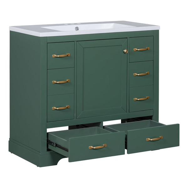 English Elm 36" Modern Bathroom Vanity with Ceramic Sink, Six Drawers, Adjustable Shelf, Solid Wood Build Green SY999808AAF-6