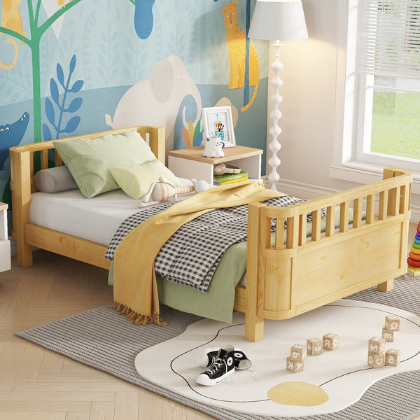 English Elm Twin Solid Pine Platform Bed with Guardrail for Kids, Low-Profile Twin Frame Durable 250LB Capacity W2593P367051