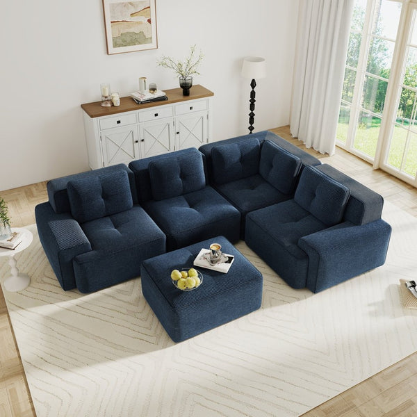 English Elm Modern Corduroy Sectional Sofa Deep Seat V Shape Tufted Couch with Movable Ottoman Blue W714S01579