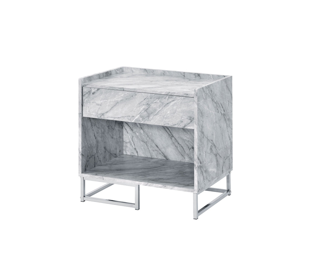 English Elm Azrael White Faux Marble Top Accent Table with Chrome Metal Base, Drawer & Open Storage, 100lb Limit B2726P340578