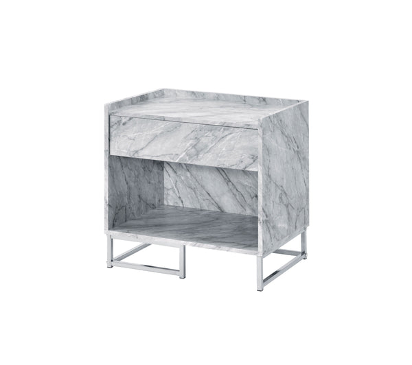 English Elm Azrael White Faux Marble Top Accent Table with Chrome Metal Base, Drawer & Open Storage, 100lb Limit B2726P340578