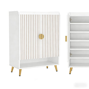 English Elm Rustic Seven Tier Shoe Cabinet with Swing Doors Adjustable Entryway Organizer Gold,White T3971P448652