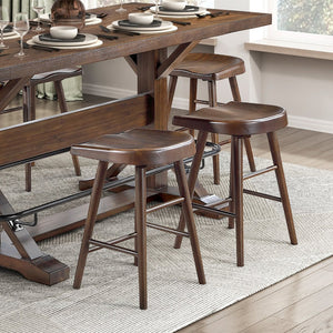 English Elm Brown Acacia Wood Counter Height Dining Set Six Saddle Stools Industrial Metal Footrest B011S02272