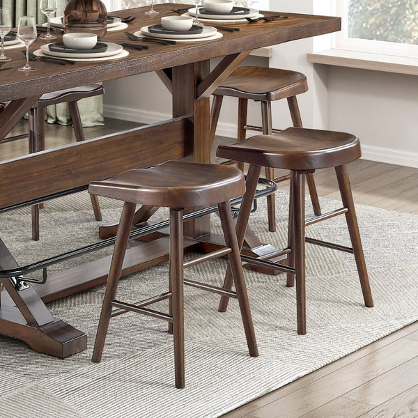English Elm Brown Acacia Wood Counter Height Dining Set Six Saddle Stools Industrial Metal Footrest B011S02272