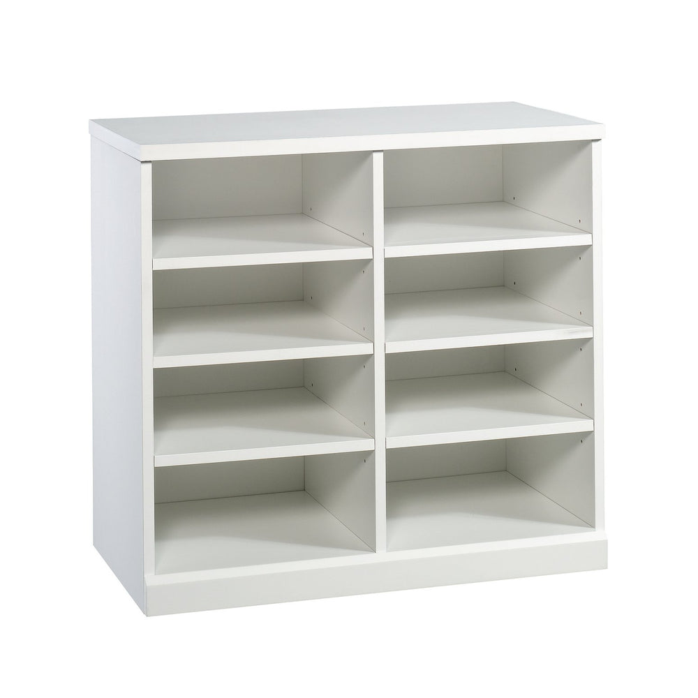 English Elm Open Storage Cabinet White Finish — Slim Engineered Wood Organizer with 6 Adjustable Shelves, 38.4" L B356P402795