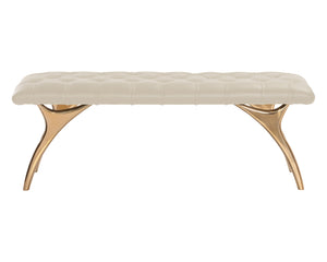 Sunpan Taylen Bench - Elegant Sculptural Design with Gold Aluminum Base and Genuine Leather Tufted Seat Cream Leather