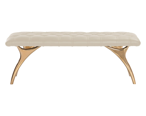 Sunpan Taylen Bench - Elegant Sculptural Design with Gold Aluminum Base and Genuine Leather Tufted Seat Cream Leather