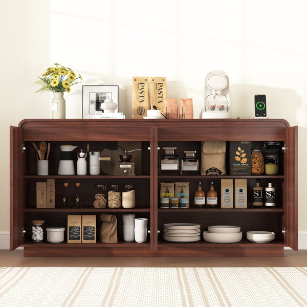 English Elm Black Fluted Wave Door Media Console with Built-in Power Outlet and Adjustable Shelving Walnut W409P452058