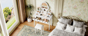 English Elm Vanity Vintage Wooden Makeup Desk with 180° Adjustable Mirror, 5 Velvet‑Lined Drawers & Cushioned Stool White 52.7 L x 22.5 W x 11 H N733P305139K