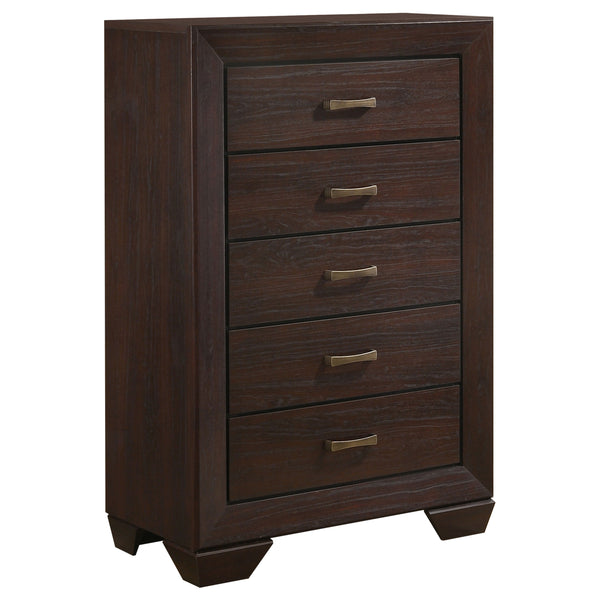 English Elm Hadfield Dark Cocoa 5-Drawer Chest with Tapered Legs, Spacious MDF Storage, Modern Dark Brown Finish B062P331055