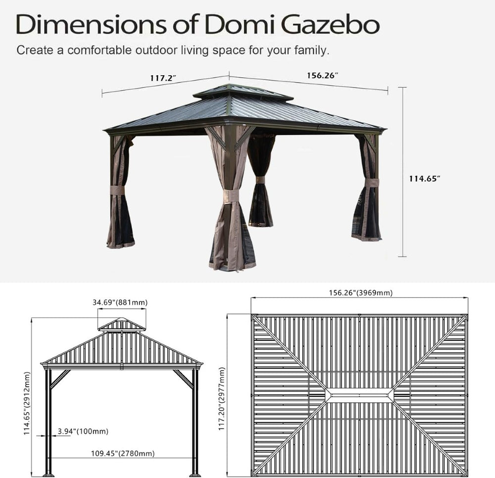 English Elm 13x13ft Hardtop Gazebo Galvanized Steel Vented Double Roof with Curtains Netting Patio Brown W1859S00200