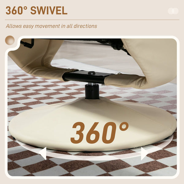 English Elm HOMCOM Plush PU Leather Swivel Recliner with Ottoman, 360° Rotating Relaxing Chair with Footrest and Adjustable Backrest for Living Room Office Comfort Cream White W2225P217429