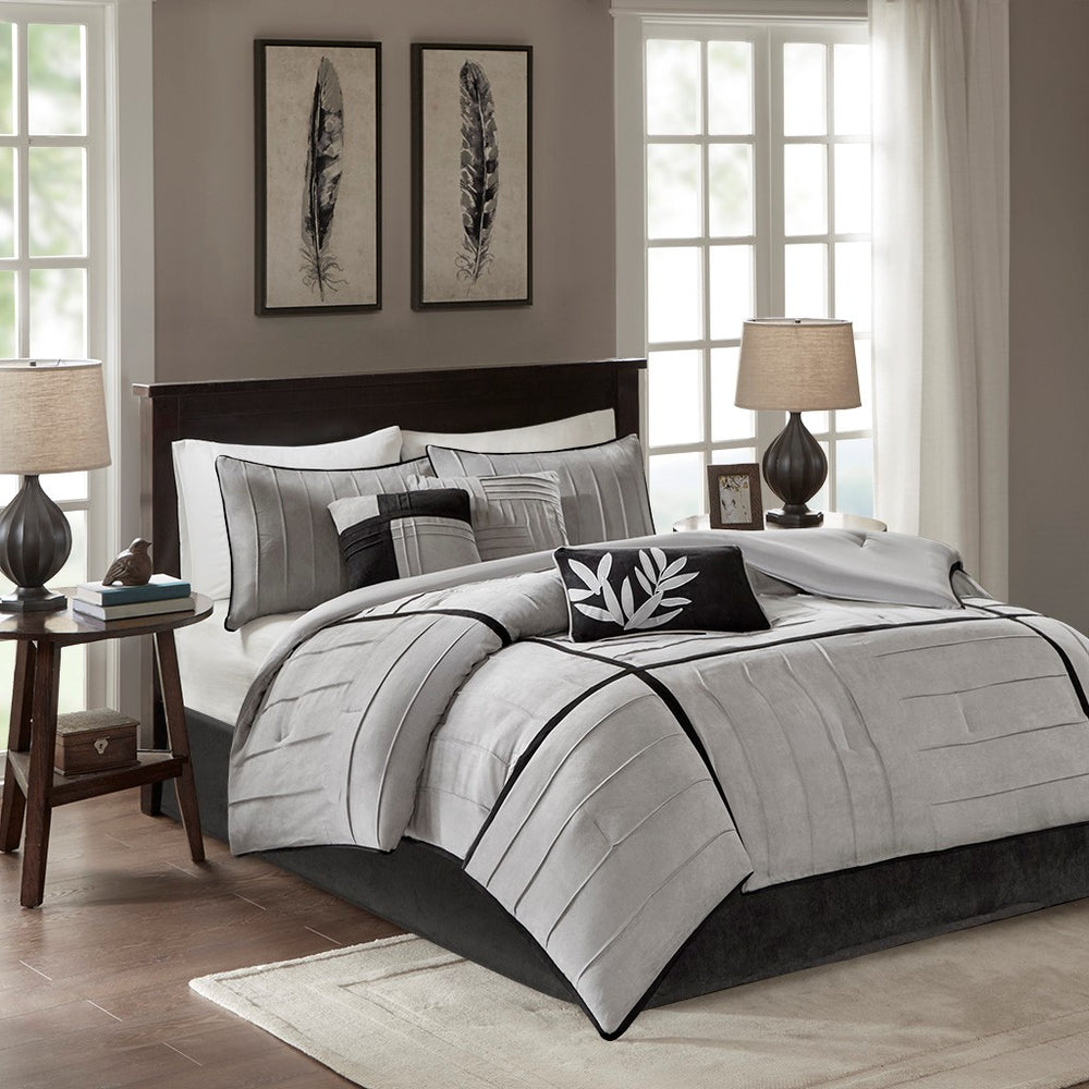 English Elm 7 Piece Dune Faux Suede Comforter Set Grey Full – Pintuck Design, Soft Microsuede, Contrasting Black Accents B03596790