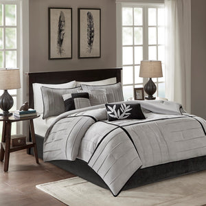 English Elm 7 Piece Dune Faux Suede Comforter Set Grey Full – Pintuck Design, Soft Microsuede, Contrasting Black Accents B03596790