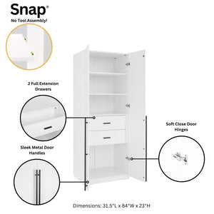 English Elm Lee 32" Wardrobe Closet White — Tall Slim Storage with 3 Shelves, 2 Soft-Close Drawers & Snap Assembly B365S00129