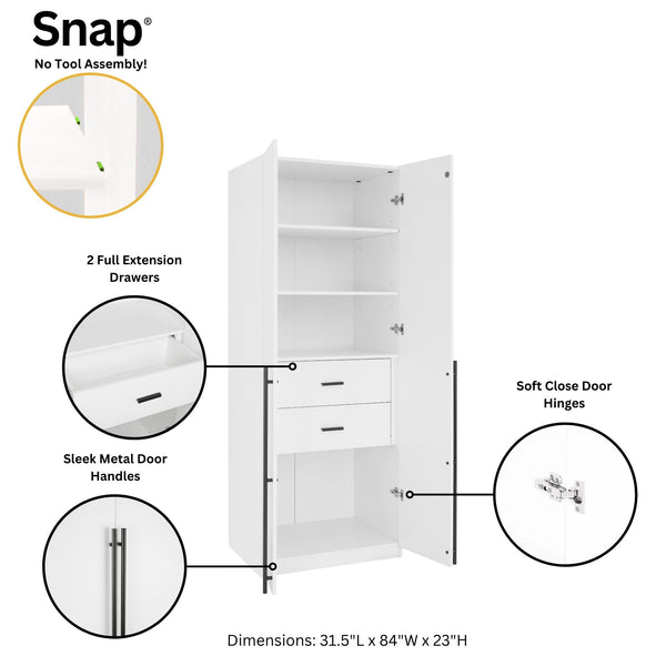 English Elm Lee 32" Wardrobe Closet White — Tall Slim Storage with 3 Shelves, 2 Soft-Close Drawers & Snap Assembly B365S00129