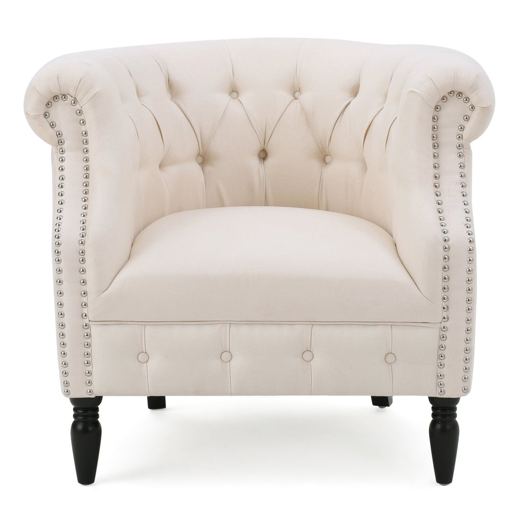 English Elm Christopher Knight Home® - Akira Tufted Club Chair Beige Fabric with Studded Arms, High Back Comfort, Elegant Throne Appeal 59259.00FBEI