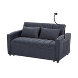 English Elm 55.9" Convertible Sofa Bed Loveseat Sofa With Three Usb Ports, Two Side Pockets, Two Cup Holders and 360°Swivel Phone Holder For Living Room, Blue Grey