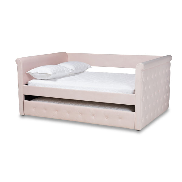 Baxton Studio Baxton Amaya Full Size Daybed in Light Pink Velvet with Trundle - Modern Comfort for Any Room CF8825-Light Pink-Daybed-F/T