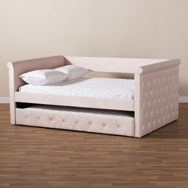 Baxton Studio Baxton Amaya Full Size Daybed in Light Pink Velvet with Trundle - Modern Comfort for Any Room CF8825-Light Pink-Daybed-F/T