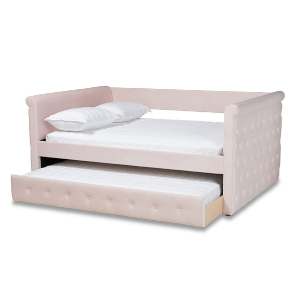 Baxton Studio Baxton Amaya Full Size Daybed in Light Pink Velvet with Trundle - Modern Comfort for Any Room CF8825-Light Pink-Daybed-F/T