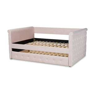 Baxton Studio Baxton Amaya Full Size Daybed in Light Pink Velvet with Trundle - Modern Comfort for Any Room CF8825-Light Pink-Daybed-F/T