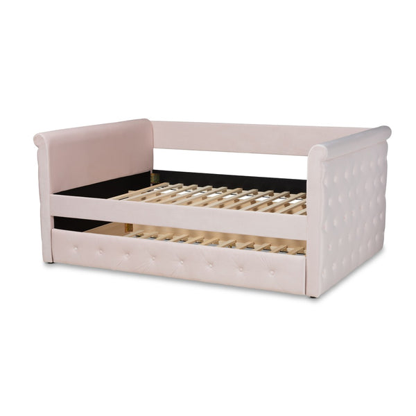Baxton Studio Baxton Amaya Full Size Daybed in Light Pink Velvet with Trundle - Modern Comfort for Any Room CF8825-Light Pink-Daybed-F/T