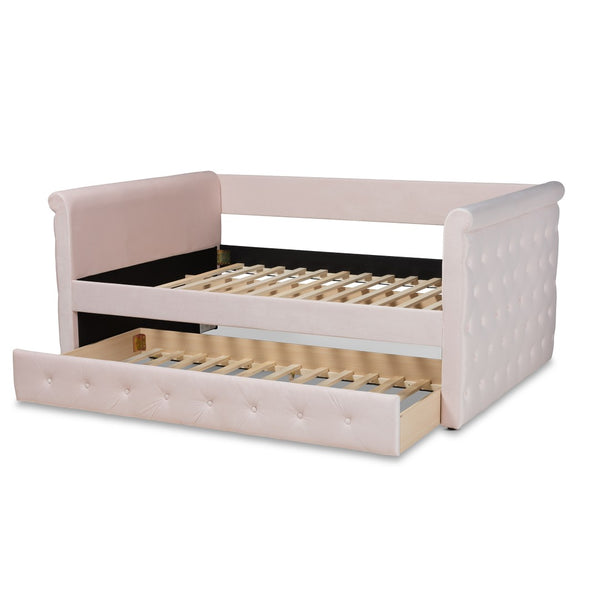 Baxton Studio Baxton Amaya Full Size Daybed in Light Pink Velvet with Trundle - Modern Comfort for Any Room CF8825-Light Pink-Daybed-F/T