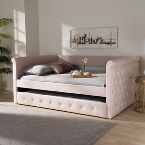 Baxton Studio Baxton Amaya Full Size Daybed in Light Pink Velvet with Trundle - Modern Comfort for Any Room CF8825-Light Pink-Daybed-F/T