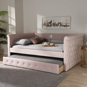 Baxton Studio Baxton Amaya Full Size Daybed in Light Pink Velvet with Trundle - Modern Comfort for Any Room CF8825-Light Pink-Daybed-F/T