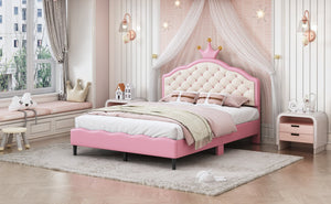 English Elm Full Full Size Lovely Crown Fantasy PU Leather Princess Bed with Tufted Headboard, Pink Cream, Sturdy Frame N733P198762H