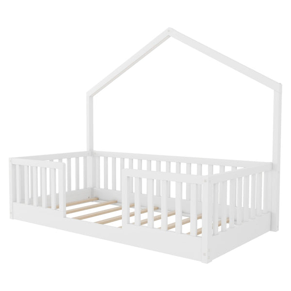 English Elm Twin Montessori Floor Bed House Frame with Led Lighting and Safety Rails for Kids White W2593P440594