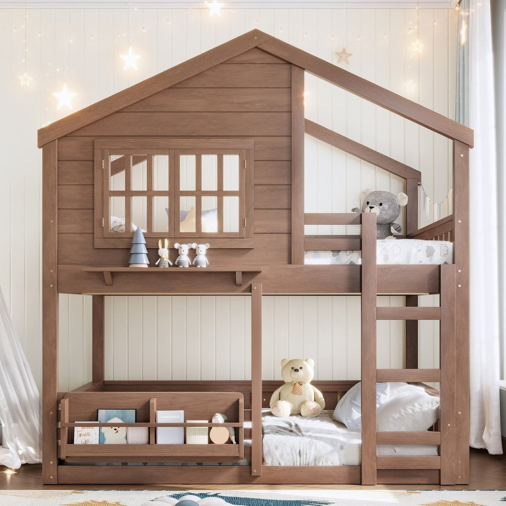 English Elm Full Bunk Bed with Trundle Bookshelf Storage Pine Frame Car Design for Kids Natural W1580S00522