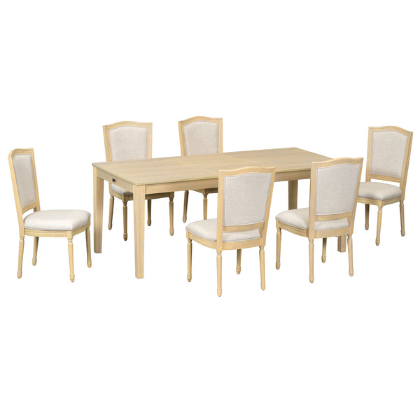 English Elm TOPMAX Rustic 7-Piece Solid Wood Extendable Dining Set with 18" Removable Leaf, 6 Upholstered Chairs, 2 Drawers Natural SP000078AAN