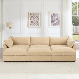 English Elm 3-Seater Sofa Set With Footstools And Pull-Out Drawers, Cozy Chenille Upholstery In Wheat Color W3041S00178