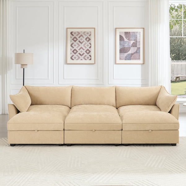 English Elm 3-Seater Sofa Set With Footstools And Pull-Out Drawers, Cozy Chenille Upholstery In Wheat Color W3041S00178