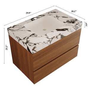 English Elm 29.9" Floating Bathroom Vanity Sintered Stone Top Soft Close Drawers Bronze Gold Hardware W3136S00040