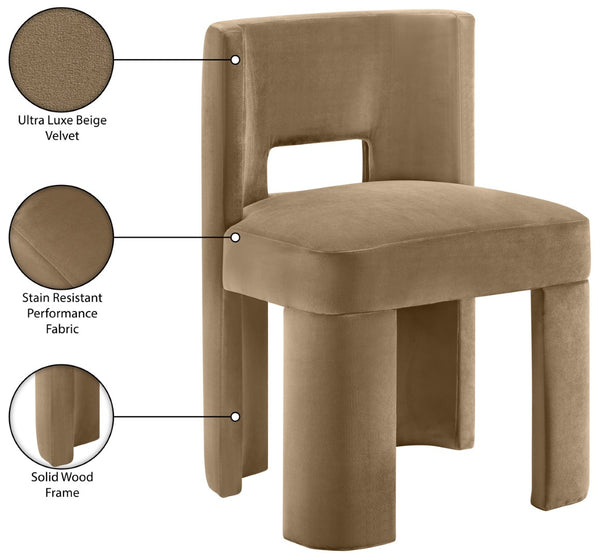 Meridian Furniture Zuno Sculptural Velvet Upholstered Dining Chair with Solid Wood Frame for Modern Interiors Beige 945Beige-C