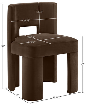 Meridian Furniture Zuno Sculptural Velvet Upholstered Dining Chair with Solid Wood Frame for Modern Interiors Brown 945Brown-C
