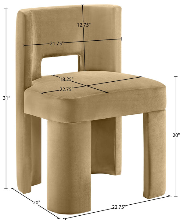 Meridian Furniture Zuno Sculptural Velvet Upholstered Dining Chair with Solid Wood Frame for Modern Interiors Camel 945Camel-C