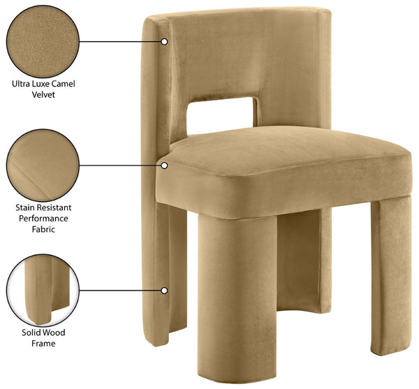 Meridian Furniture Zuno Sculptural Velvet Upholstered Dining Chair with Solid Wood Frame for Modern Interiors Camel 945Camel-C