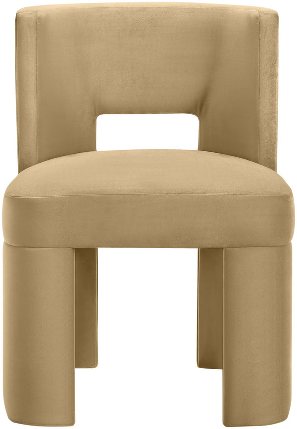 Meridian Furniture Zuno Sculptural Velvet Upholstered Dining Chair with Solid Wood Frame for Modern Interiors Camel 945Camel-C