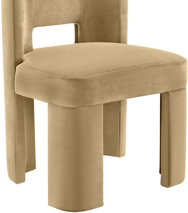 Meridian Furniture Zuno Sculptural Velvet Upholstered Dining Chair with Solid Wood Frame for Modern Interiors Camel 945Camel-C