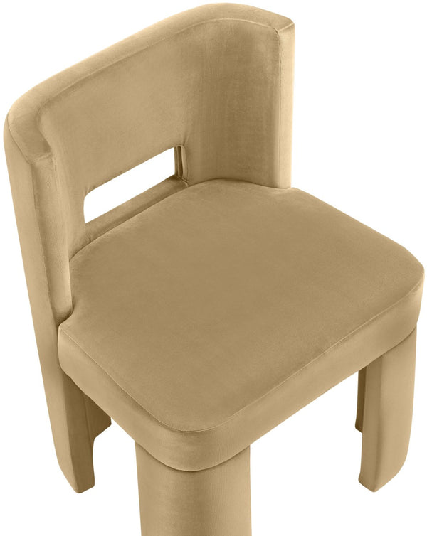 Meridian Furniture Zuno Sculptural Velvet Upholstered Dining Chair with Solid Wood Frame for Modern Interiors Camel 945Camel-C