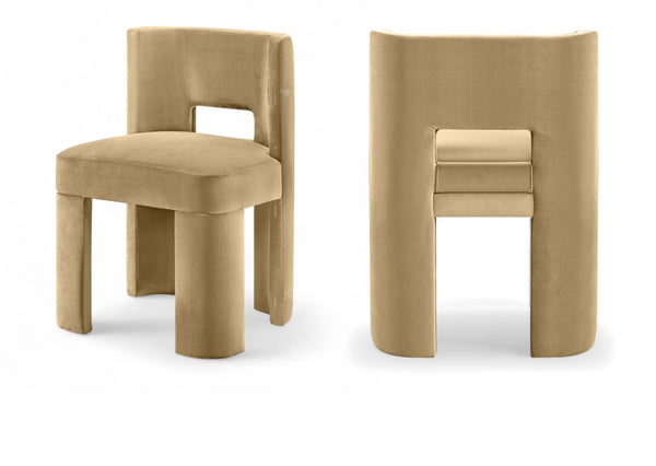 Meridian Furniture Zuno Sculptural Velvet Upholstered Dining Chair with Solid Wood Frame for Modern Interiors Camel 945Camel-C