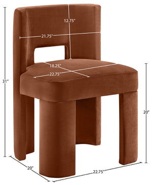Meridian Furniture Zuno Sculptural Velvet Upholstered Dining Chair with Solid Wood Frame for Modern Interiors Cognac 945Cognac-C
