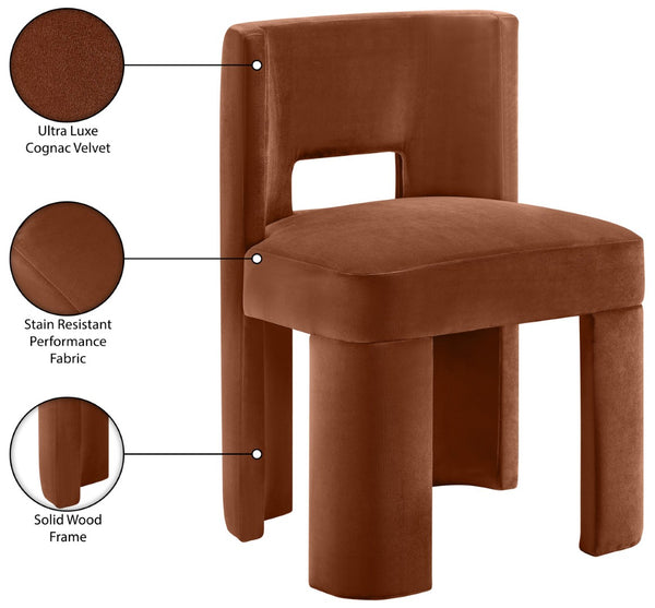 Meridian Furniture Zuno Sculptural Velvet Upholstered Dining Chair with Solid Wood Frame for Modern Interiors Cognac 945Cognac-C